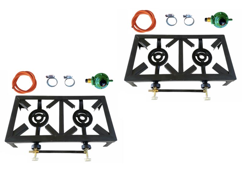 2 X 2 Burner, Double Gas Burner, 4 Legged with Hose And Regulator Set