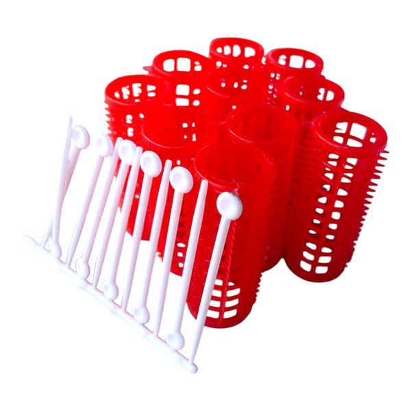 10 x Piece Red Small Hair Rollers Set with White Pins 23mm Diameter