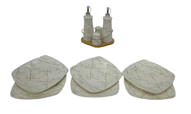 6 Piece Ceramic Plates &amp; 4 Oil and Vinegar Set With Stand