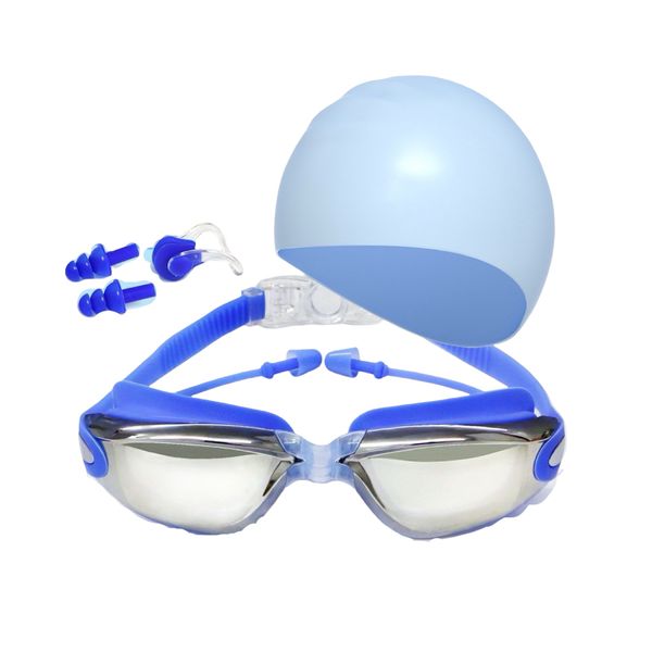 HD Anti-Fog Swimming Goggles with Cap &amp; Accessories - Electroplated blue