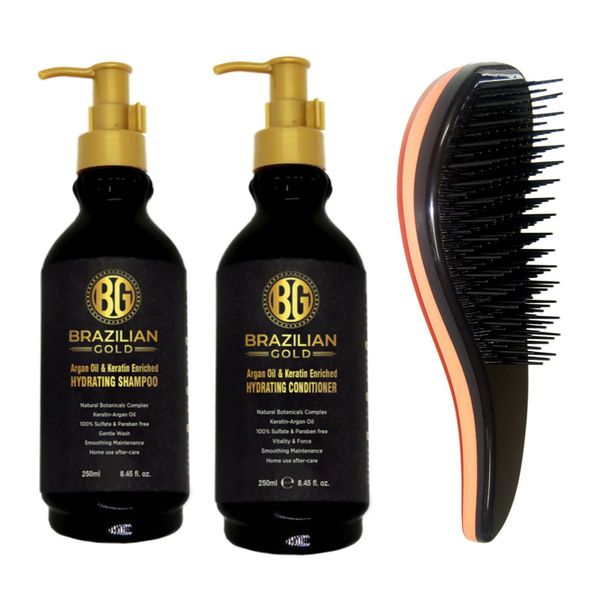 Brazilian Gold Argan Oil 250ml (Shampoo and Conditioner) with Pro Detangler Brush