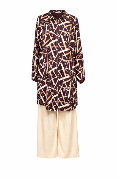 Maroon Modern Modest 2-Piece Viscose Pants and Shirt Set with Patterning