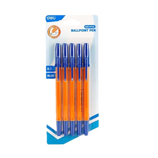 Deli Finepoint Ballpoint Pen 0.7mm Blue Ink Yellow Barrel Blister Card 5's