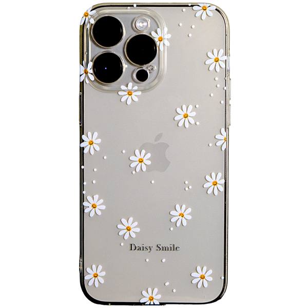 Clear - Phone Case with White Smiley Face Flowers - Iphone 15 Pro Max