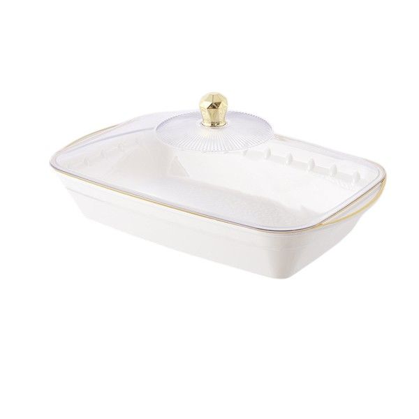 Elegant Rectangular Food Storage Dish with Gold Handle Lid - White
