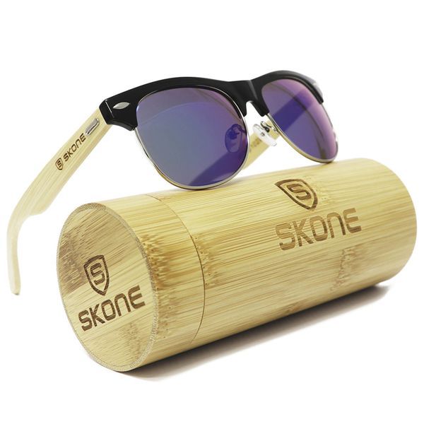 Skone Bondi Black UV400 Protection Bamboo Sunglasses - Blue Mirrored