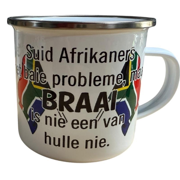 Enamel Mug - Suid-Afrikaners Braai Quote with Black Spatulas