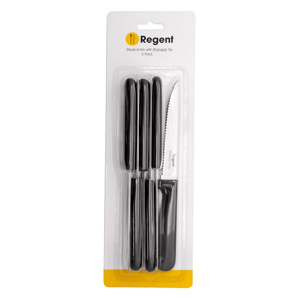 Regent Kitchen Steak Knife with Pointed Tip and Black Handles - 6 Pack