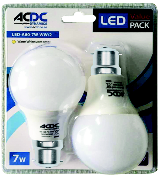 110-240VAC 7W Warm White A60 B22 LED Lamp / 2 Per Pack