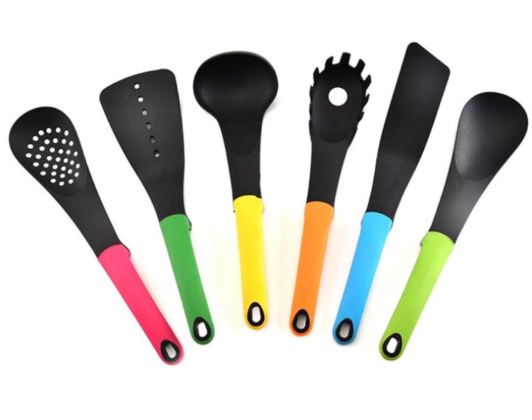 Nylon Kitchen Utensil 6 Piece set with rotating carousel Multi Colour Handles
