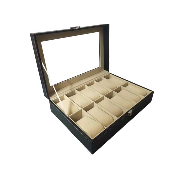 12 Grids PU Leather Watches Box with Lock-Black