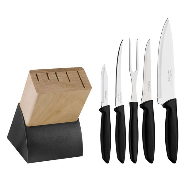 Tramontina 6 Piece Stainless Steel Blade with Black Handle and Wooden Holder