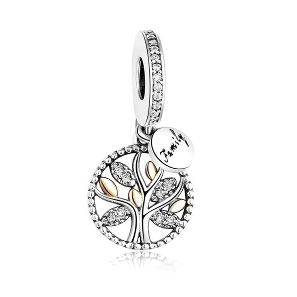 925 Sterling Silver Golden Leave Family Tree Dangle Charm
