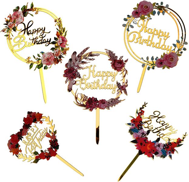 5 Piece Gold Happy Birthday Cake Toppers Flower