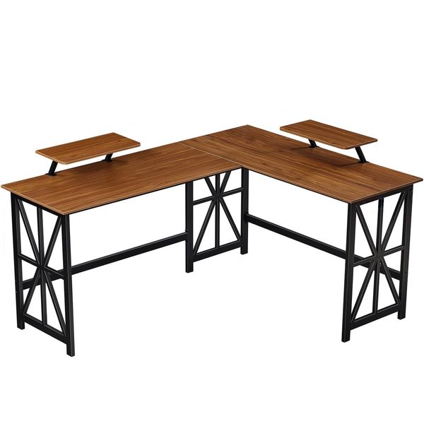 Office Table Corner Computer Desk L-Shaped Corner Desk with 2 Monitor Stand