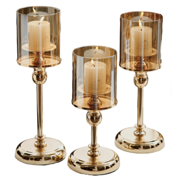 Elegant 3-Piece Gold and Glass Candle Holder Set