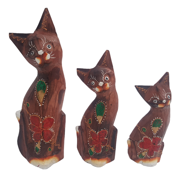Handcraft Glitter Flower Bali Wooden Cat - 25cm