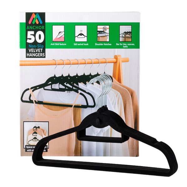 Anchor Velvet Hangers 50 Pack Non Slip Slim 0.6cm | 360 Hook | Black