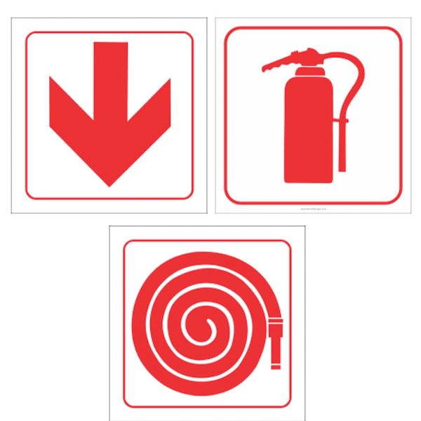 Safety Signs - 3Pc - Direction Arrow, Fire Extinguisher &amp; Hose - 29cm x29cm