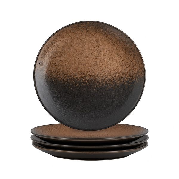 4 Piece - Japanese Ceramic Dinner Plate with Brown Gradient Glaze - Black