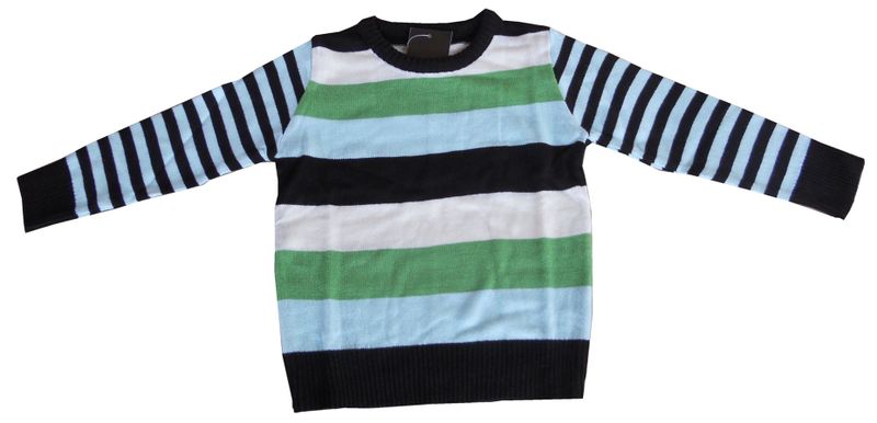 Kids' Long-Sleeved Sweater with Black, Blue, Green, and White Stripes
