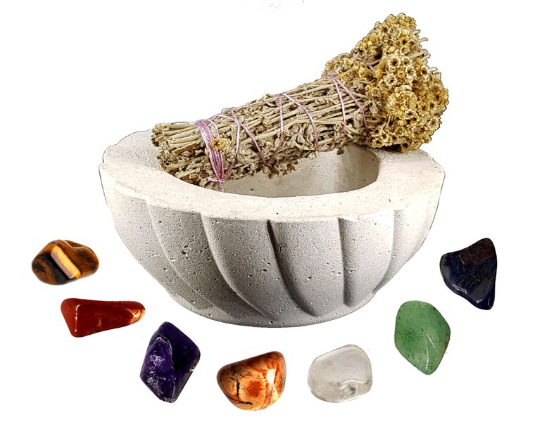 Cement Smudge Bowl,Imphepho Smudge Wand &amp; Chakra Stone Combo