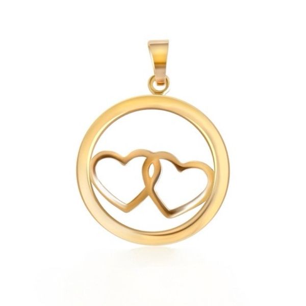 9kt Yellow Gold Double Heart Circle Pendant