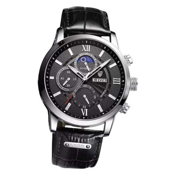 LIGE - Water Resistant Mens Watch With PU Leather Strap - Silver &amp; Black