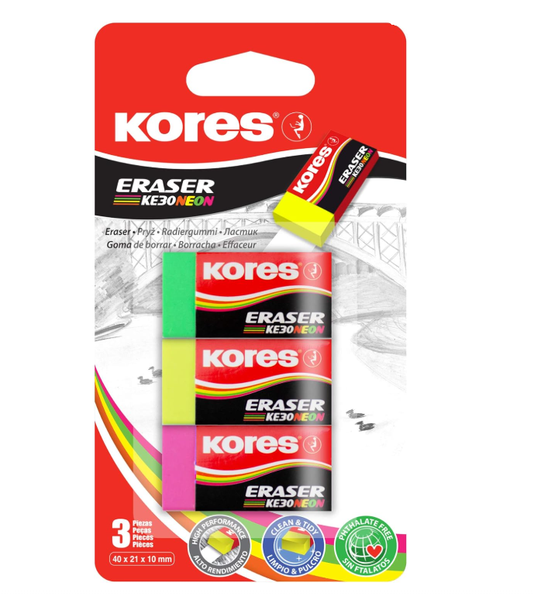 Kores - KE-30 Set Of 3 Neon Erasers x 2