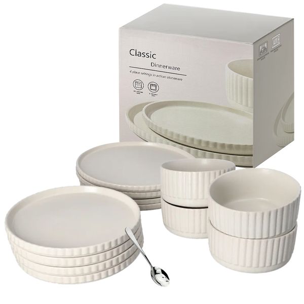 13 Piece Set -Classic Stoneware Dinnerware Sets Microwave &amp; Dishwasher Safe