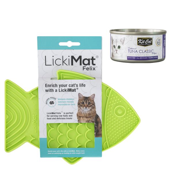 Lickimat Cat Felix green mat plus kit cat tuna classic topper Tin 80g