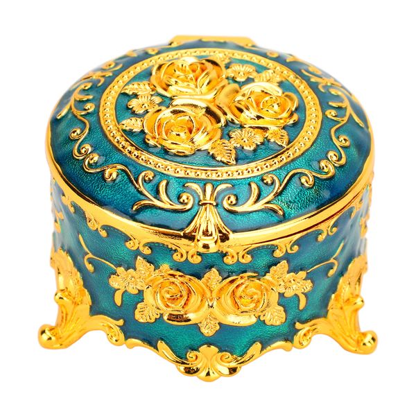 Retro Rose Gold Blue Metal Jewelry Box for Earrings Necklaces