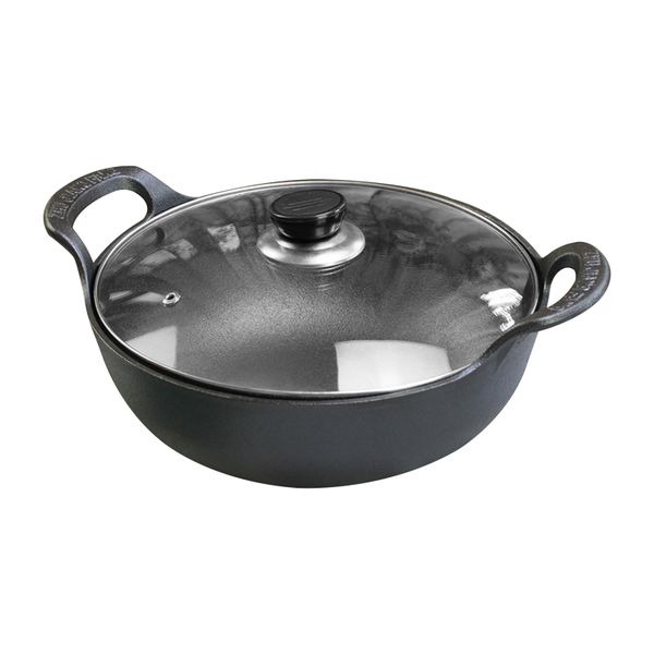 25cm Cast Iron Pot Grilling Wok With Glass Lid and Dual Handle Cast Cook