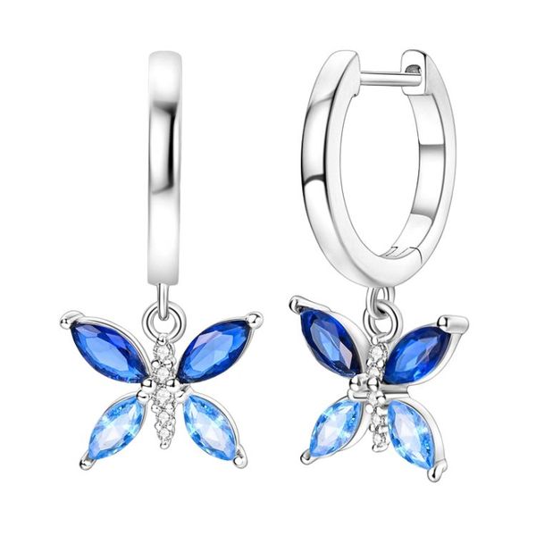 Girls 925 Sterling Silver Blue Zircon Butterfly Drop Hoop Earrings Women