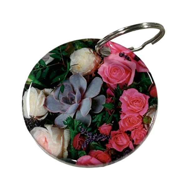5cm Keyring - Succulent with Pink &amp; White Roses with Leaves