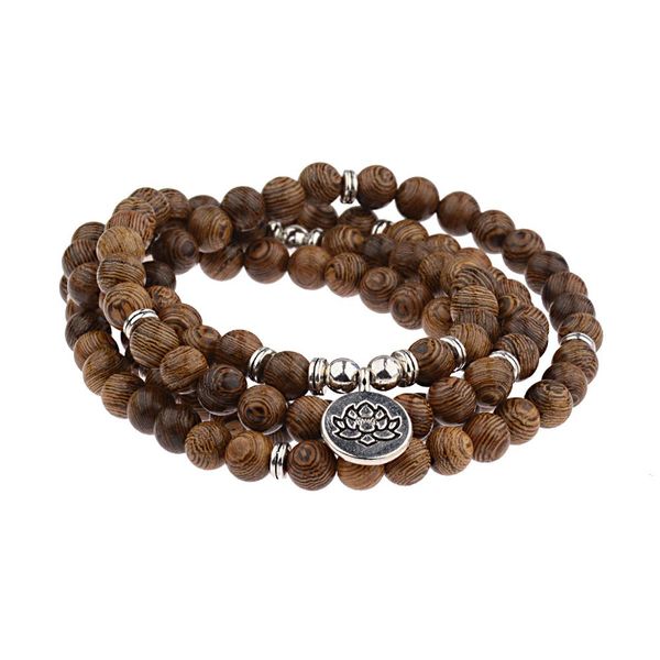 POU Natural 108 Wooden Beads Yoga Bracelet - Lotus Pendant