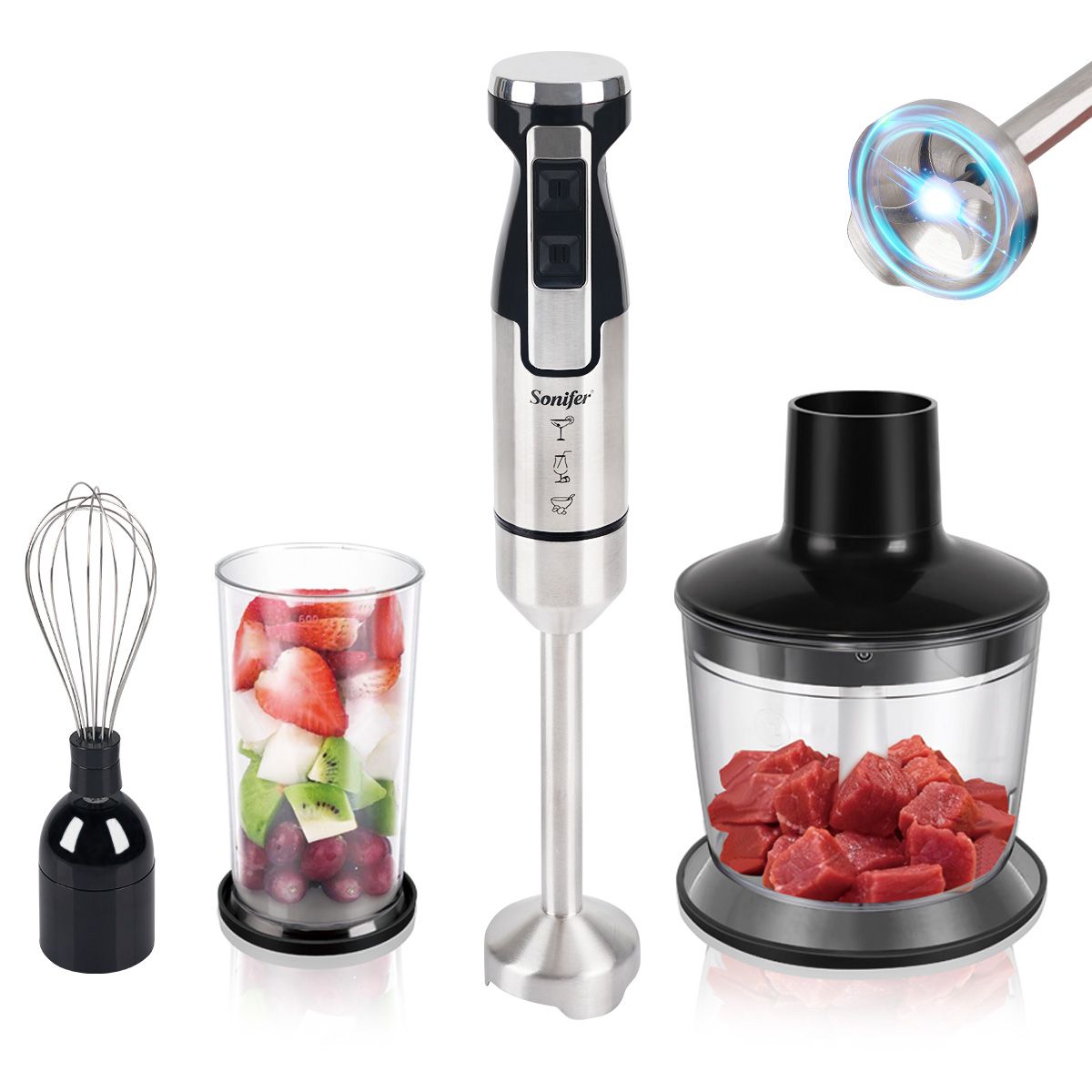 500W Stick Blender Set Hand Blender with Egg Whisk Beaker Chopper Bowl