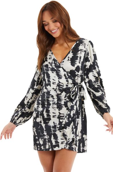 Quiz - Ladies Black Satin Marble Print Wrap Dress
