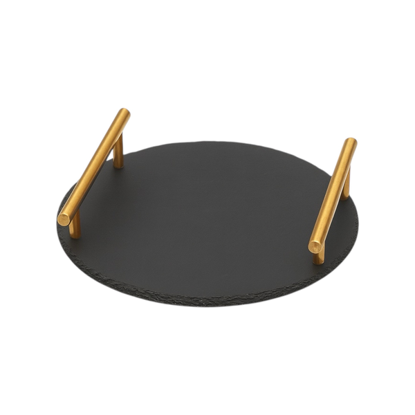 Midnight Slate Round Serving Tray With Gold Handles