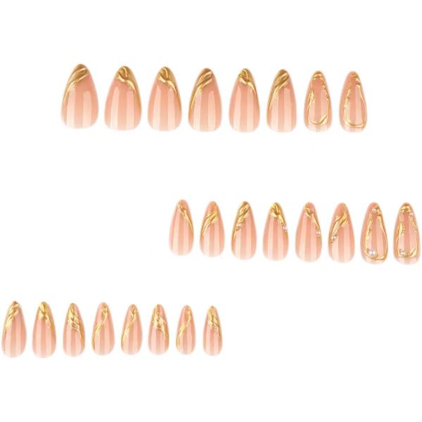 Press on Nails Short Almond Nail Tips 3D Irregular Gilded Acrylic Nail Kit