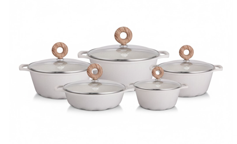 Uakeen 10 pc White Diecast Aluminium Pot Set | Glass Lids &amp; Bakelite Knobs