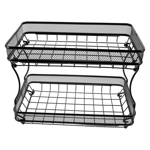 2 Tier Carbon Steel Mesh Wire Fruit Basket Multifunctional Storage - Black