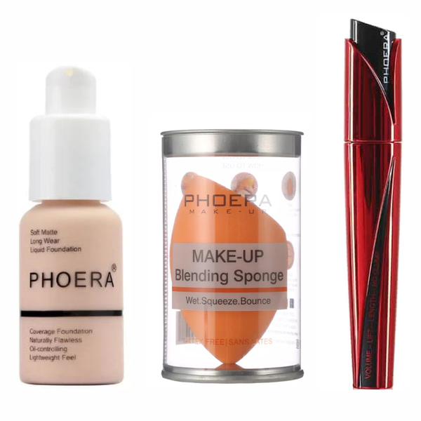Phoera Liquid Foundation, Makeup Blending Sponge and Mascara Combo