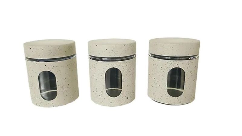 3 Piece Metal &amp; Glass Canister Set with Window - Biege