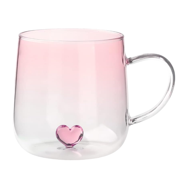 Pink Gradient Glass Mug with Heart-Shaped Accent - Transparent