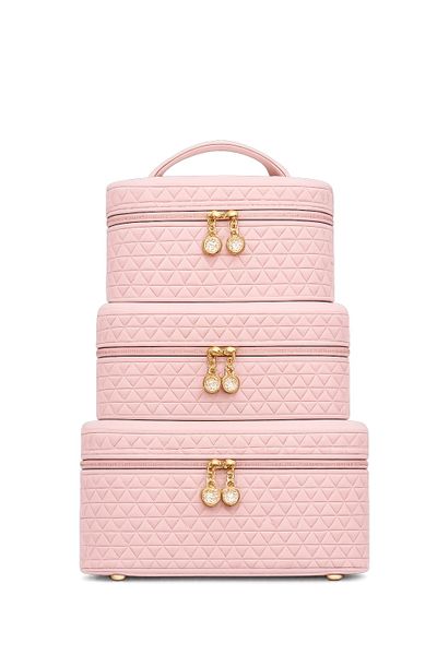 3 Piece Pink Quilted Makeup and Toiletry Bag Set with Gold Zip