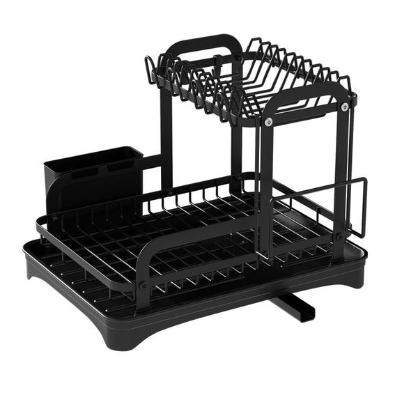 H Shape 2 Tier Dish Racks for Kitchen Counter with Utensil Holder - Black
