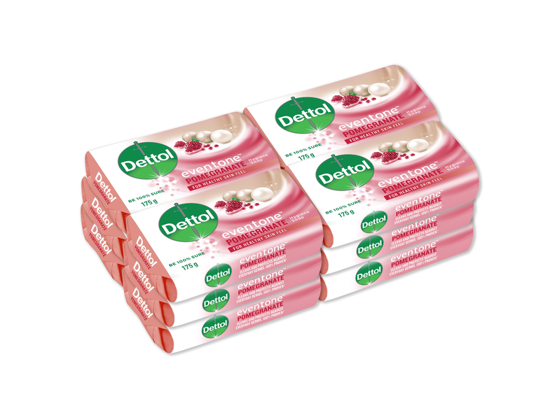 Dettol 12 x 175g, Hygiene Hand &amp; Body Soap, Eventone Pomegranate