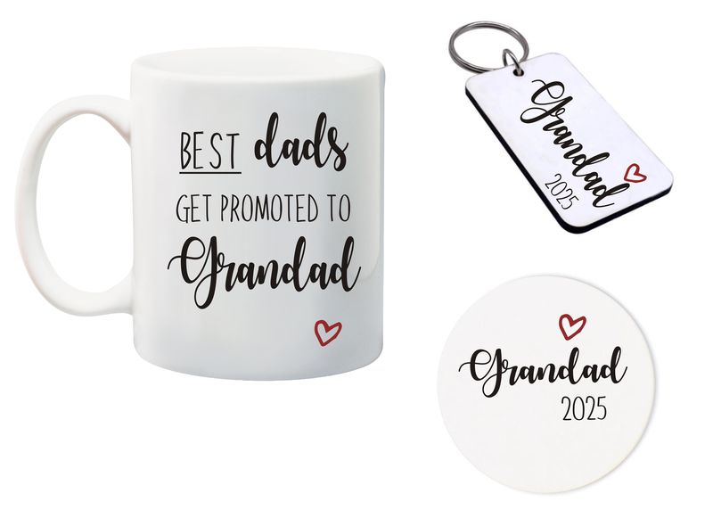 Best Dad's get promoted to Grandad Mug, Glass Coaster&amp;keyring gift Combo