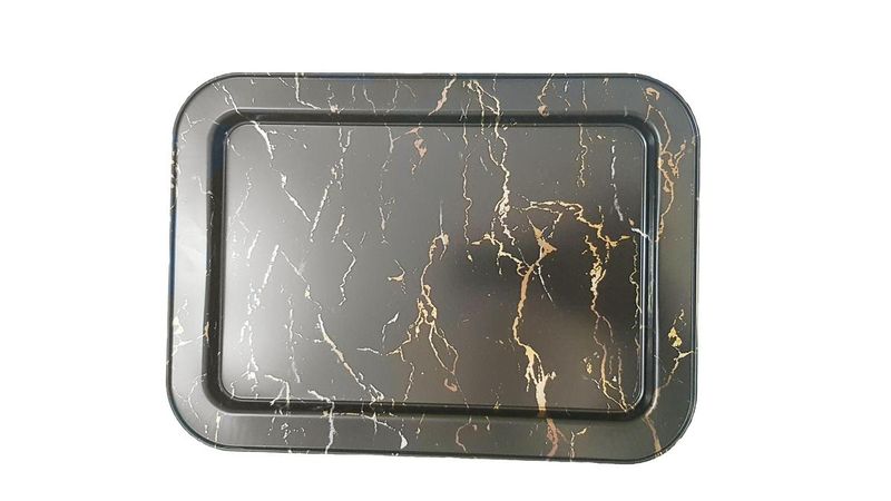 Black Metal Serving Tray with Gold, Grey and White Decorative Detail